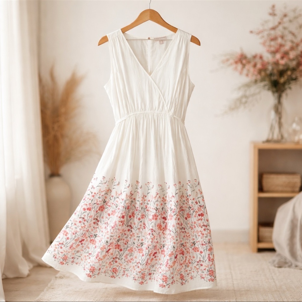 Woman Within Cotton White Floral Sleeveless Dress 22 Wedding Babydoll Pockets